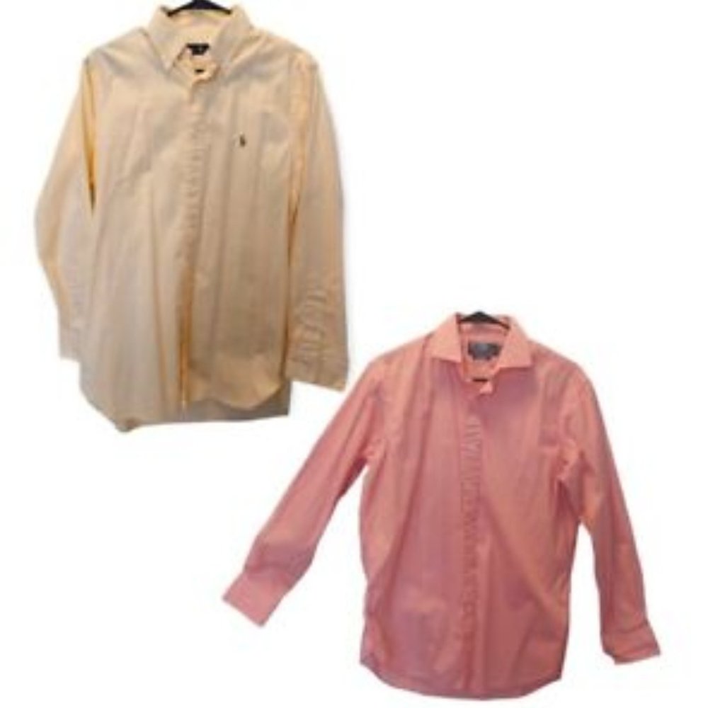 Lot of 2 Ralph Lauren Men's Button Down Shirt Size 15.5 32/33 Yellow Pink Pastel